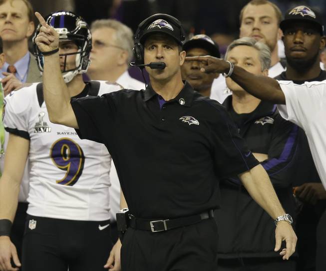 Baltimore Ravens head coach John Harbaugh, center, looks on during the first half of the NFL Super Bowl XLVII football game against the San Francisco 49ers, Sunday, Feb. 3, 2013, in New Orleans. (AP Photo/Evan Vucci)